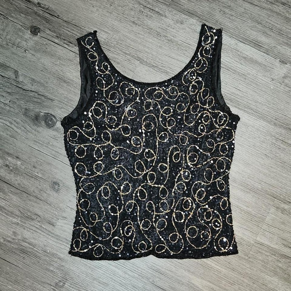 Black scoop back beaded sequin tank by Scala spiral beading sparkle glam goth